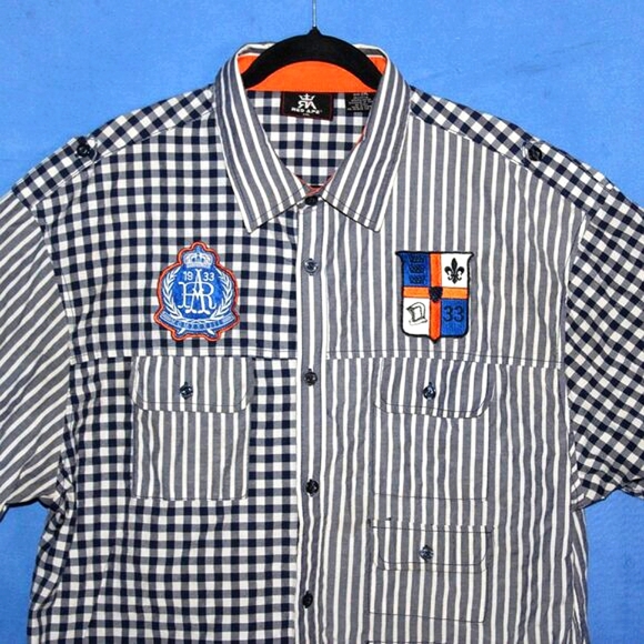 Red Ape Patchwork Button Down Shirt Blue Gray 2XL - Picture 8 of 13